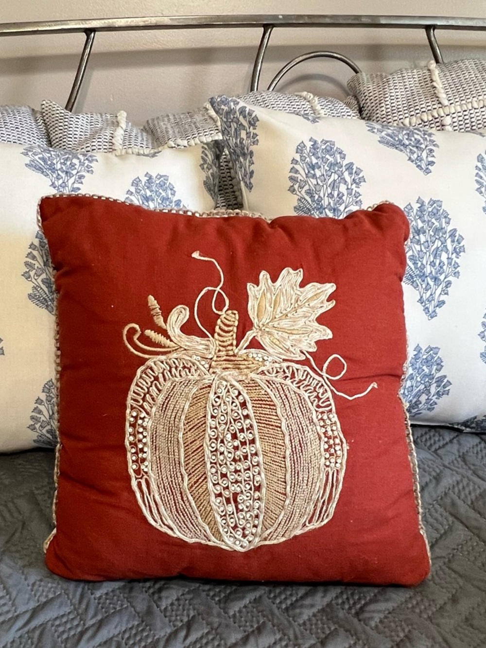 Rust Red Pumpkin Embroidered Accent Pillow